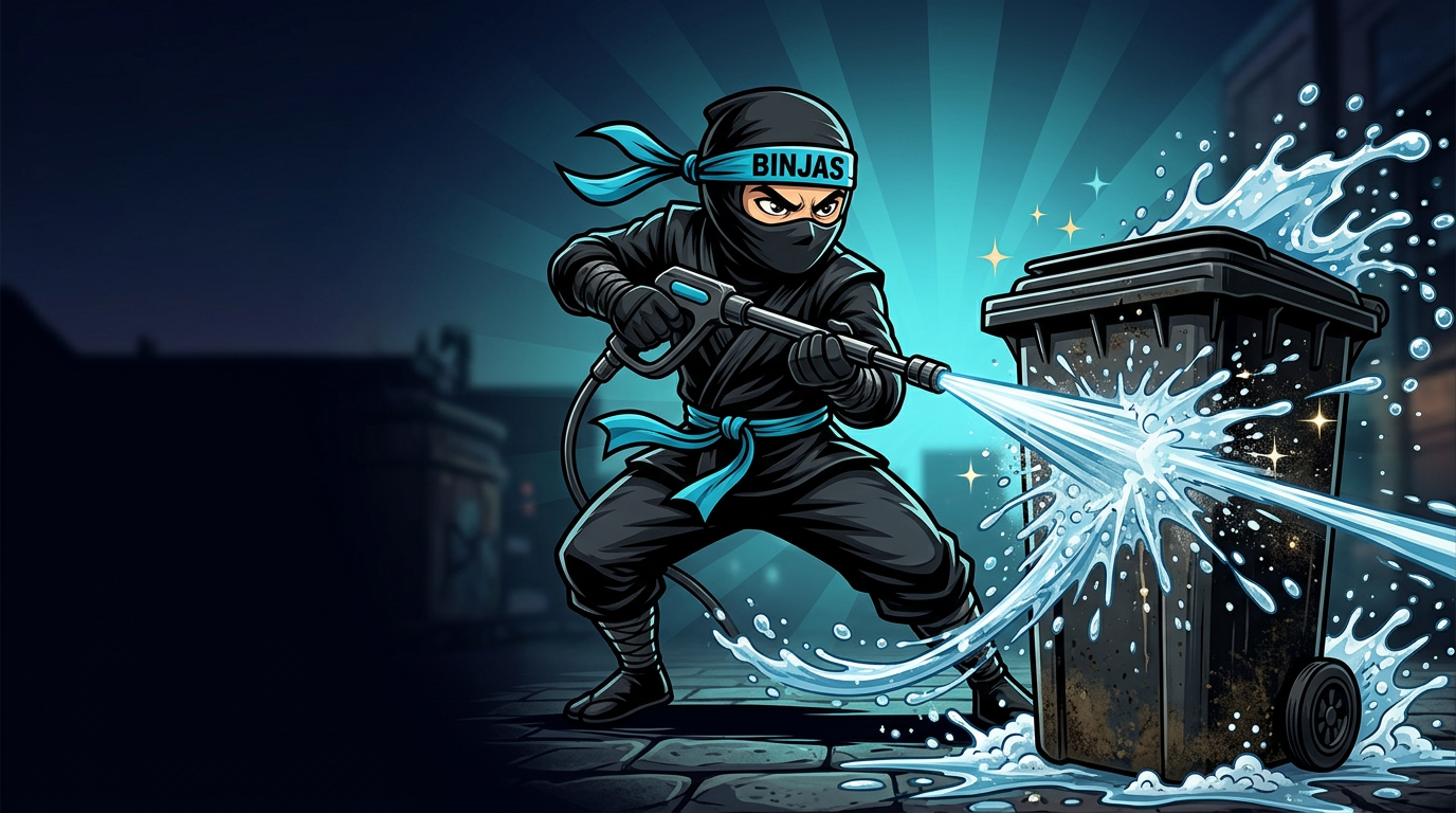 Binji the ninja power-washing a trash bin